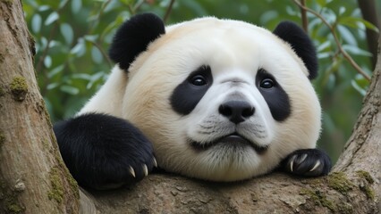 panda resting on a tree and looking at the camera