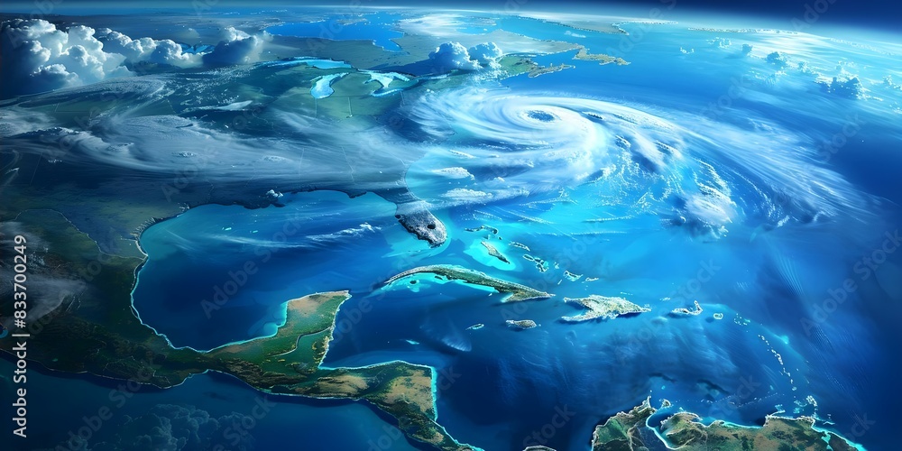 Wall mural Aerial view of Hurricane Ian in Florida showcasing climate change impact in 3D. Concept Climate Change, Extreme Weather, Aerial Photography, 3D Visualization, Hurricane Ian - Wall murals