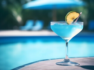 A Glass blue margarita juice, Refreshing and healthy blue margarita juice with ice in a glass with a summer background