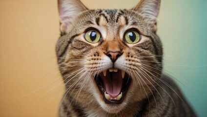 Naklejka premium Close-up of a tabby cat with wide eyes and open mouth, capturing a moment of surprise or excitement in a brightly lit indoor setting.