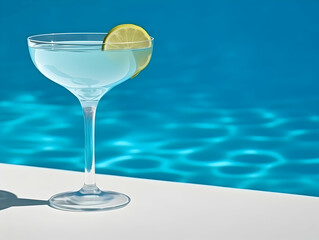 A Glass blue margarita juice, Refreshing and healthy blue margarita juice with ice in a glass with a summer background