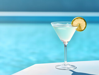 A Glass blue margarita juice, Refreshing and healthy blue margarita juice with ice in a glass with a summer background