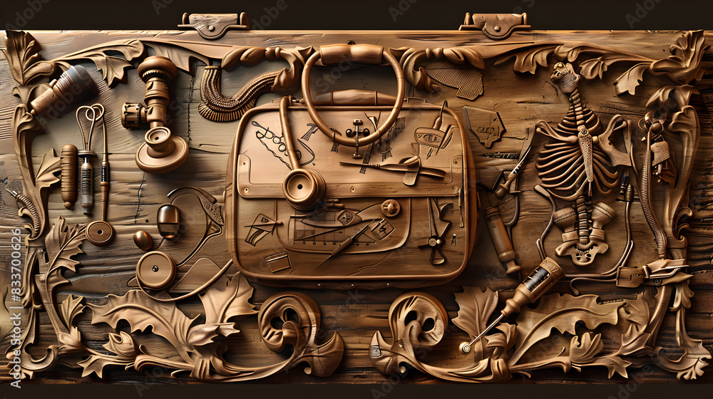 Wall mural A wooden box with a skeleton and medical instruments on it. The box is carved and has a gold finish