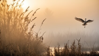 a gray crane flies over a foggy field against the background of a forest