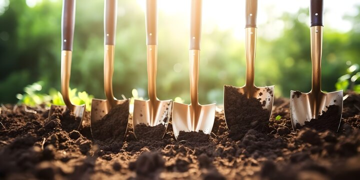 Hands holding shovels in teamwork for community service project. Concept Community Service, Teamwork, Shovels, Volunteer Work, Helping Hands