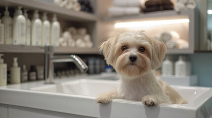 Adorable little dog in grooming salon. Dog with silky white fur and expressive brown eyes stands in white shell