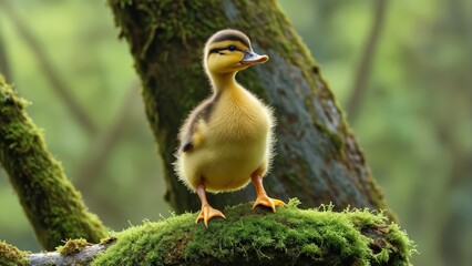 Obraz premium yellow duckling sits on a branch covered with moss