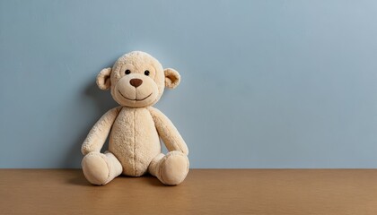 white soft toy on a wooden table against a gray wall background place for an inscription