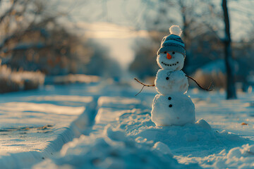 Obraz premium Happy snowman standing in Christmas landscape, snow background, Snowman in winter, 3d rendering