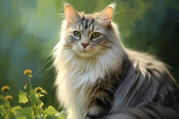 Obraz premium Portrait of a funny norwegian forest cat in soft green background