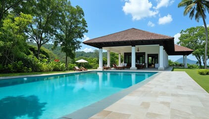 Fototapeta premium house with a swimming pool with sun loungers among palm trees with a tiled roof and white walls