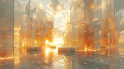 Modern Hotel Lobby with Illuminated Light Boxes and Mirrored Walls | Contemporary Interior Design Concept