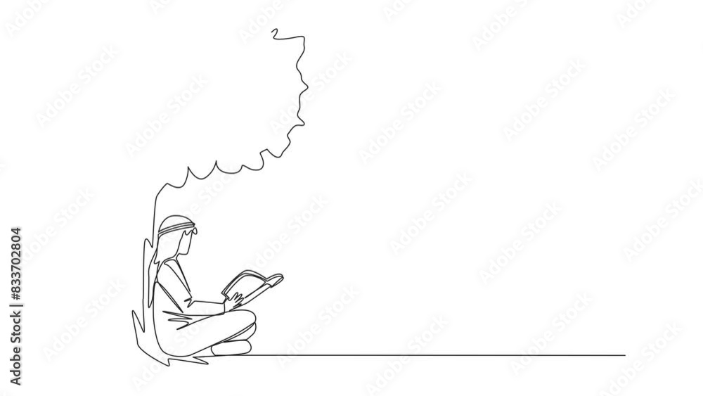 Aufkleber animation of continuous line drawing arab man sitting reading book under shady tree. continuing the 