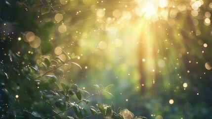 Magical forest scene with sparkling light particles and lush green foliage.
