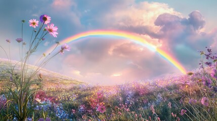 Vibrant rainbow over a blooming flower meadow under a cloudy sky.