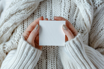 A close-up of a girl's hands holding a white sheet of paper against a cozy white knitted texture. Any congratulatory or heartfelt message can be written in the blank space.