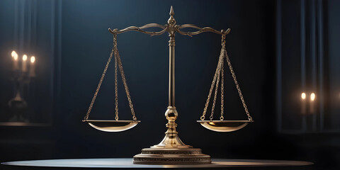 Law scale justice symbol on the blurred dark background. Judge justice concept.