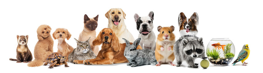 Collage with different animals, including fish, hamster, rabbit, cat, and dog on white background....