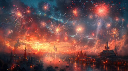 Fototapeta premium Fireworks show with a crowd watching in awe.