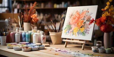 Art supplies and mood board in a creative workspace for inspiration. Concept Creative Workspace, Mood Board, Art Supplies, Inspirational Environment