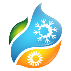 Sun snowflake and green leaf, home heating and air conditioning sign