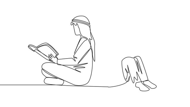Animation of continuous line drawing Arab man woman sitting while reading book. Reading the books to learn. The fast learner. Book festival concept. One line self drawing animated. Full length motion