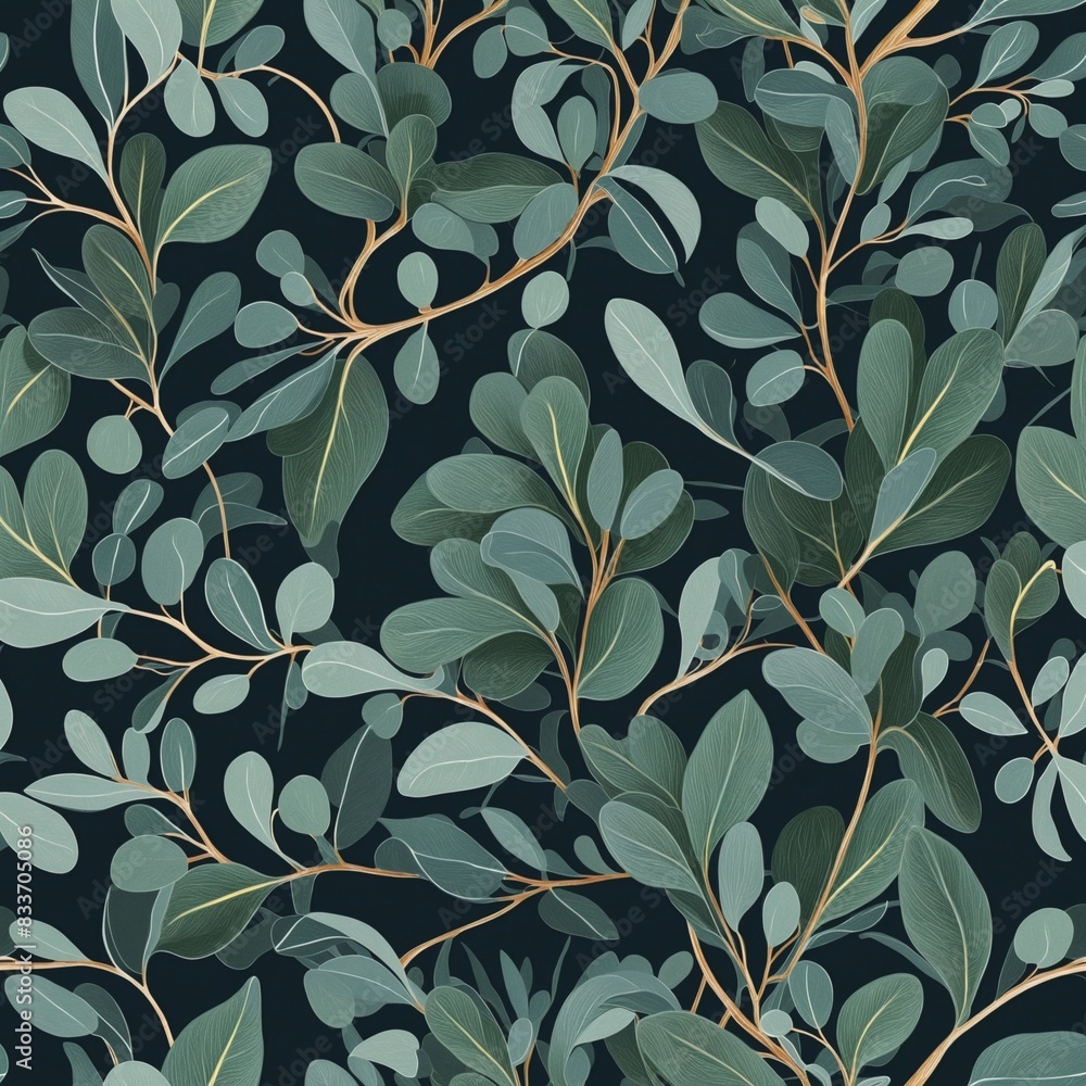 Wall mural Blue leaves eucalyptus pattern graphic illustration