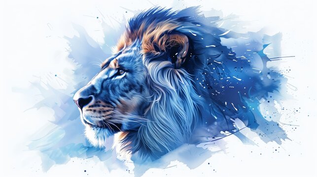 Close up of colorful painted lion face in watercolor. Realistic wild animal illustration. Hand painted on paper, realistic artistic painting on white background. lion with a blue stroke.