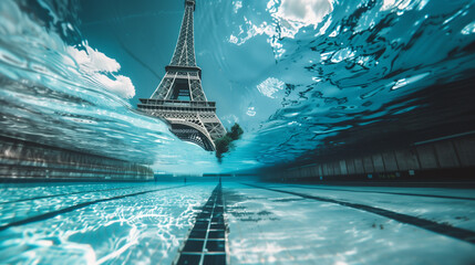 Sports swimming pool with a view of french landmarks from deep within. Water blurring and wave distortion