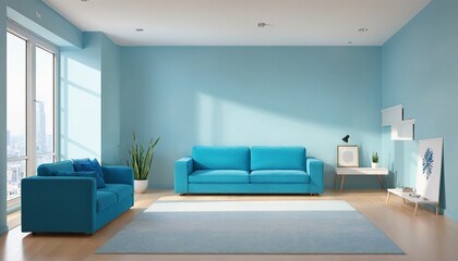 Minimalistic blue interior design with couch