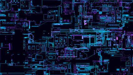 Printed circuit board. Visualization of advanced technology concept: PCB processor microchip, digitization of neural networks and cloud computing. Digital lines transmit data. 
