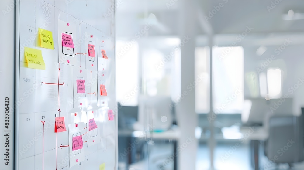 Aufkleber collaborative workspace with organized whiteboard and sticky notes for team brainstorming