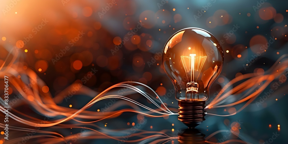 Poster illuminated lightbulb in abstract design against dark blue backdrop representing creativity. concept