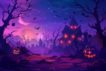 Halloween night background with spooky pumpkins, haunted house and scary trees.