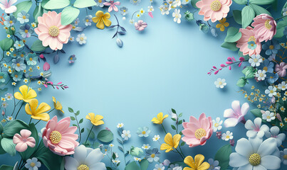 3d rendering, Colorful spring flowers frame the empty space for text or photo. A vector illustration of a summer background
