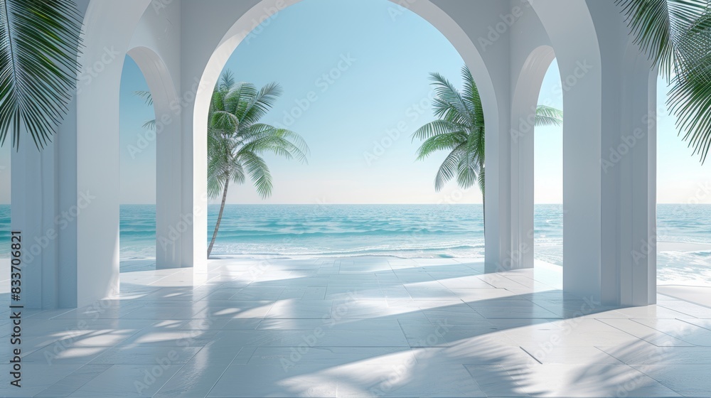 Poster creative mockup design with palm leaves emerging from arches in perspective towards a coastal view o
