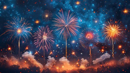 Patriotic fireworks display with illustrated stars and stripes.