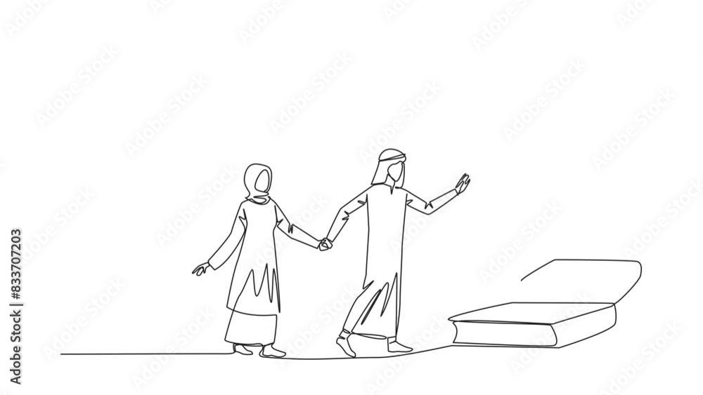 Poster animated self drawing of single line drawing arab man woman climb stairs from the book stack. toward