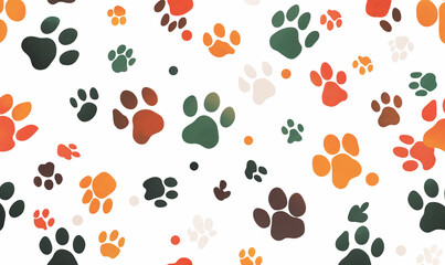 Seamless pattern of colorful dog paw prints on a white background, flat vector illustration in the style of a cute and playful style with simple shapes and bright colors