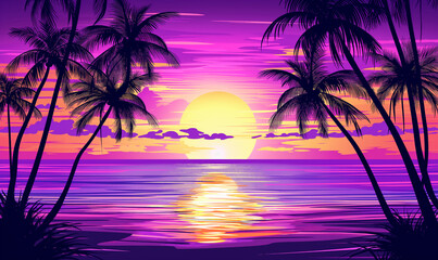 Beach sunset with palm trees, vector illustration, colorful, in the style of 80s, in the style of retro, flat design, digital art, neon purple and yellow colors