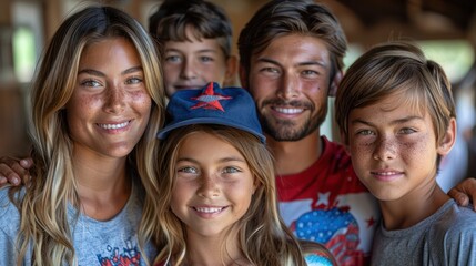 Obraz premium Patriotic family portrait with everyone wearing red, white, and blue.