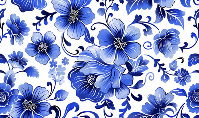 Blue floral pattern on a white background, seamless design, vector illustration in the style of watercolor, high resolution.