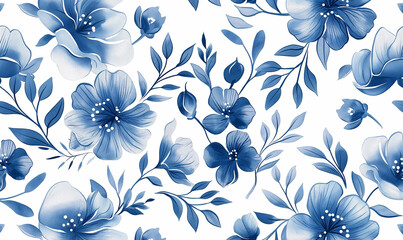 Blue floral pattern on a white background, seamless design, vector illustration in the style of watercolor, high resolution.