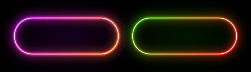Light neon rectangle frame. Glow of the laser border. Led gradient banner. Rounded geometric elements for game design and advertising.