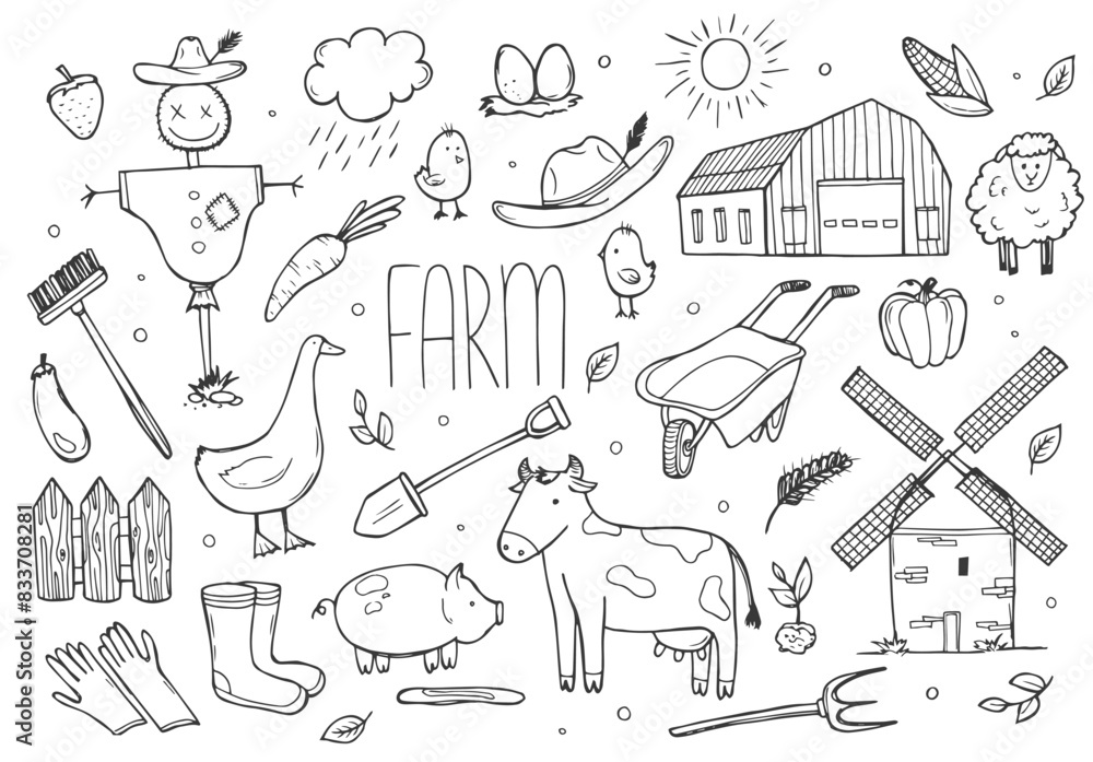 Wall mural hand drawn set farm animal, horse, cow, flowers. doodle sketch style. agriculture life background, i