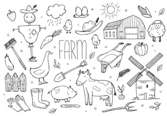 Obraz premium Hand drawn set farm animal, horse, cow, flowers. Doodle sketch style. Agriculture life background, icon. Isolated vector illustration.