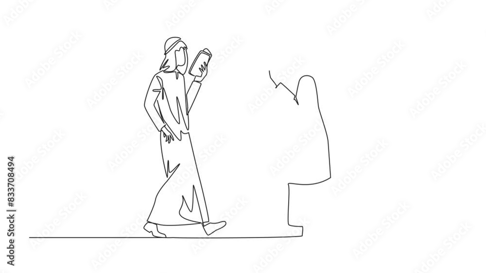 Poster animated self drawing of continuous line drawing arab man woman walking face to face reading books. 