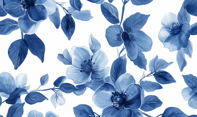 Fototapeta premium Blue floral pattern on a white background, seamless design, vector illustration in the style of watercolor, high resolution.