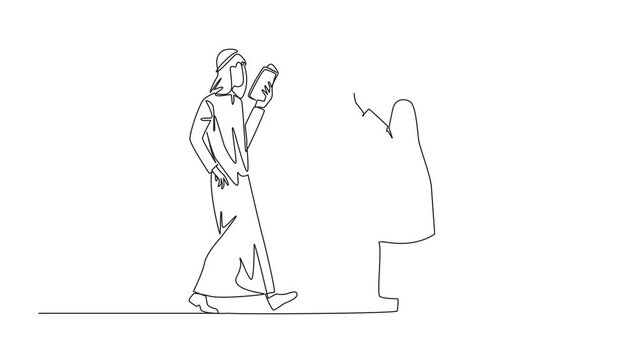 Animated self drawing of continuous line drawing Arab man woman walking face to face reading books. Gesture of memorizing something from a book. Addicted to reading. Full length single line animation
