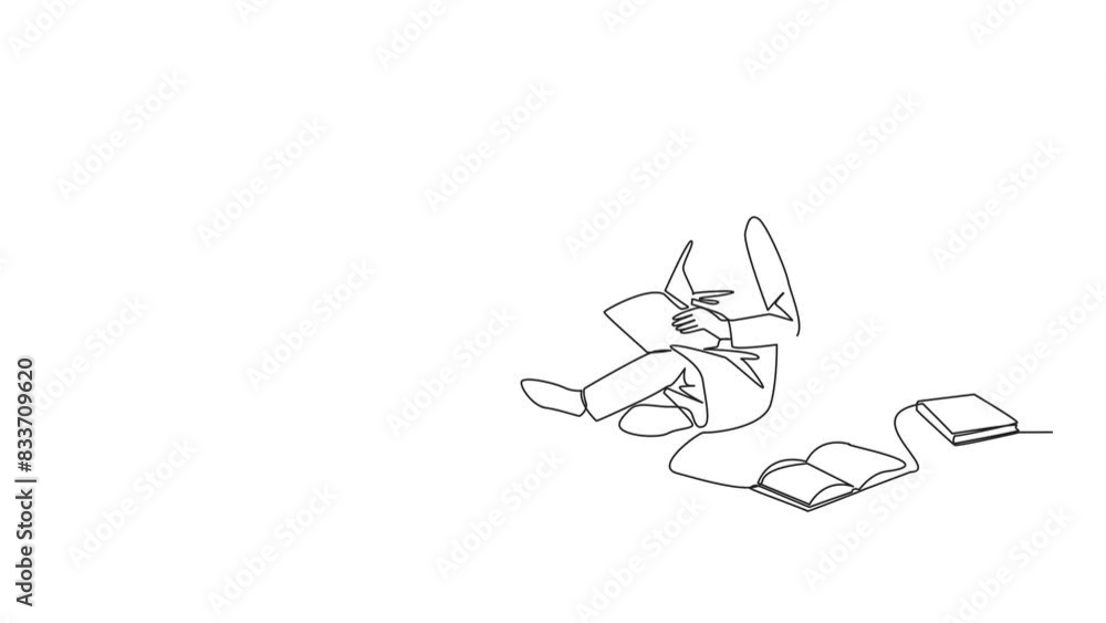 Poster animated self drawing of continuous line drawing arabian woman sitting relax in library reading lot 
